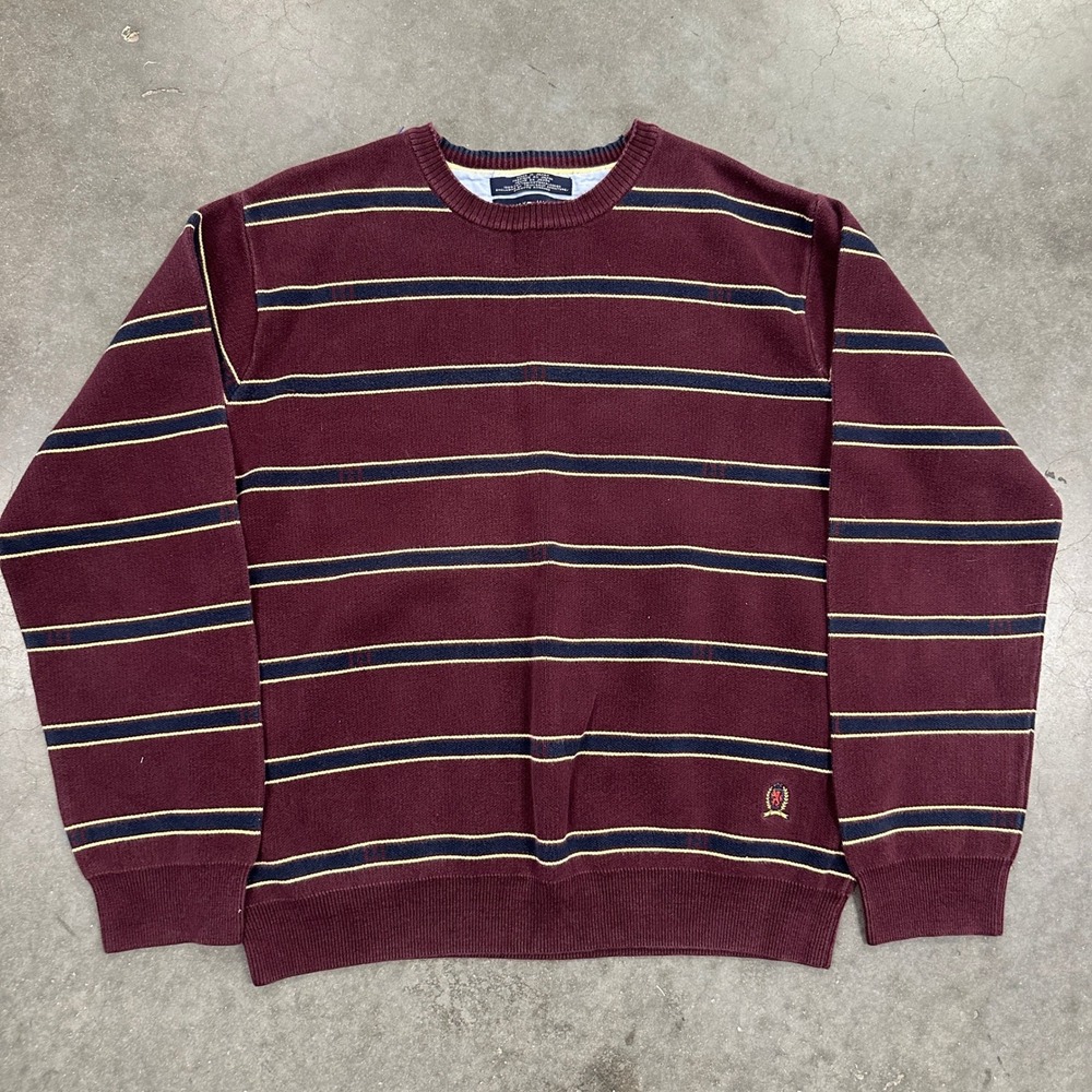 Vtg Tommy Hilfiger Mens Burgundy Striped Cotton Crewneck Sweater Made in Japan L